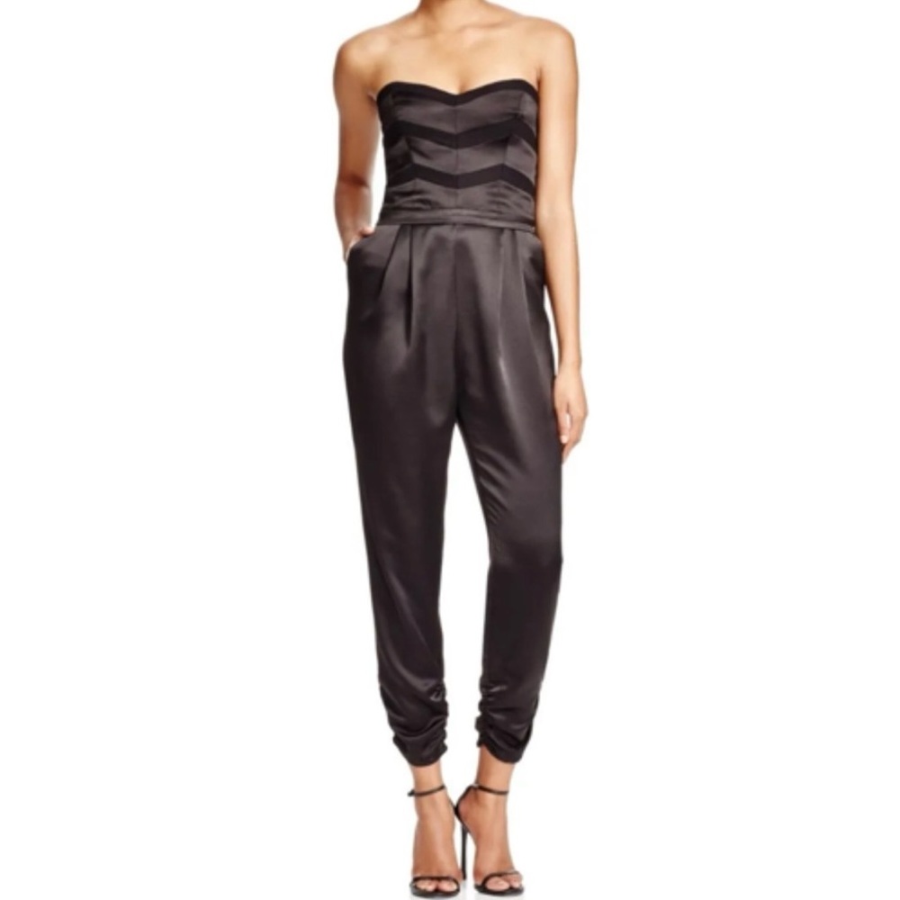 PARKER Carmela Strapless Sweetheart Neck Stripe & Smock Jumpsuit, Black, Small